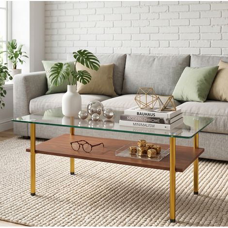 Couchtisch 98/58/45 cm in Braun und Gold mit Glasplatte und Ablage (1/5)