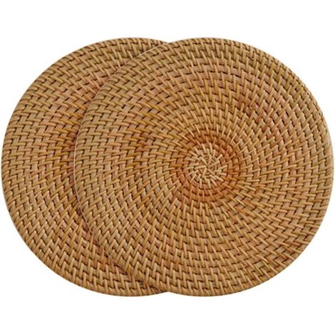 Posavasos de ratán hecho a mano de 2 piezas, tapete trenzado para tetera, antideslizante, tapete para platos, tapete aislante, marrón (1/5)
