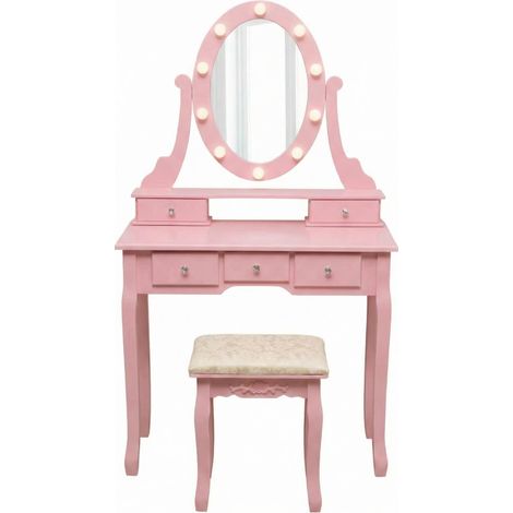 Coiffeuse moderne miroir ovale LED, 5 tiroirs spacieux et tabouret rose (1/5)
