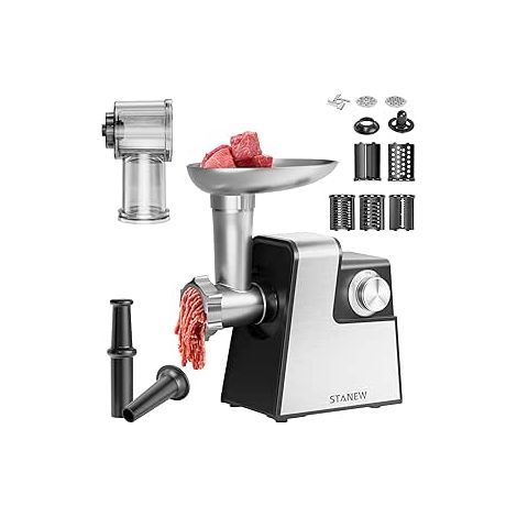 Stanew – Hachoir électrique 2500W – Hachoir à viande professionnel avec poussoir à saucisse – 2 vitesses, 5 lames, 2 plaques – Pour viande et légumes (1/5)