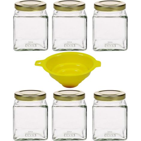 6 x 210 ml Pots à Confiture en Verre avec Couvercles à Visser (couleur or) 210 ml + Entonnoir, Lot de 6 Pots (1/5)