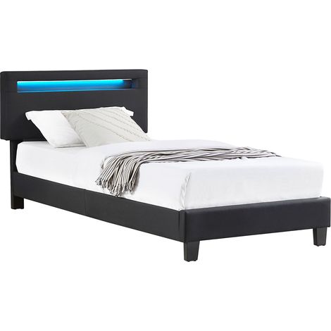 Idimex – Lit simple noir 90x190 cm avec éclairage LED – Tête de lit réglable 3 positions – Sommier à lattes inclus – Tissu capitonné (1/4)