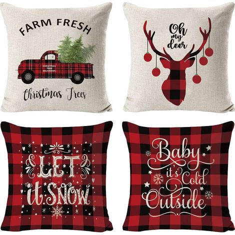 Décorations De Noël Pillow Covers 4 Pack,Arbre De Noël Flocon De Neige Renne Décor à La Maison Linen Coussins Taie d'oreiller Xmas Holiday Farmhouse Accueil Chambre Coussin Décoratif,17,7 Pouces GROOF (1/5)