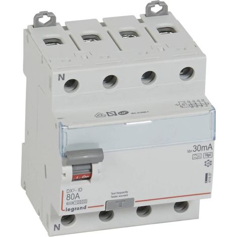 Interrupteur différentiel DX³-ID arrivée haute et départ bas à vis 4 Pôles 400V 80A type F 30mA 4 modules LEGRAND 411697