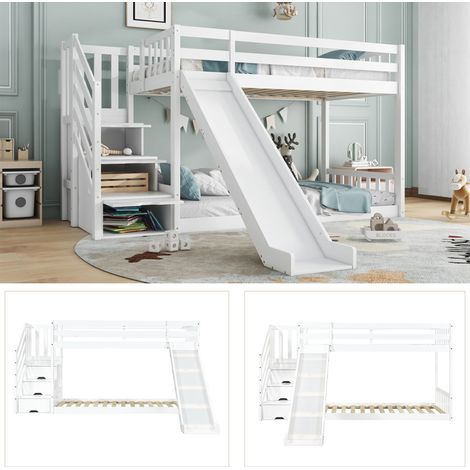 Bunk Bed with Stairs and Slide, Solid Pine Wood Frame, Children Bed with 2 Drawers in the Steps,90x190cm, White (1/5)