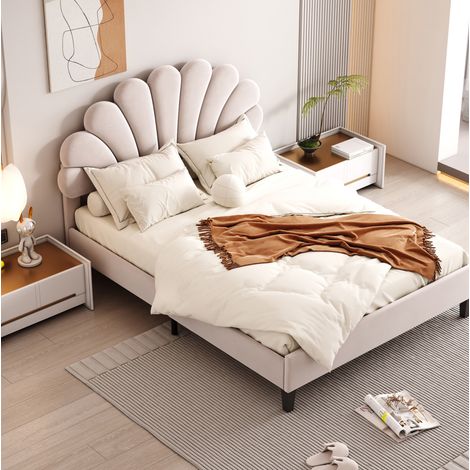 MEUBLIV Lit double Rembourré 140 x 200 cm, lit enfant avec tête de lit en forme de fleur,tête de réglable en Hauteur,sommier à lattes,velours beige blanc (1/5)