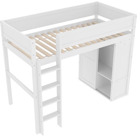 Cama alta infantil 90x200 cm con armario y compartimento, blanca, pino y MDF (1/5)