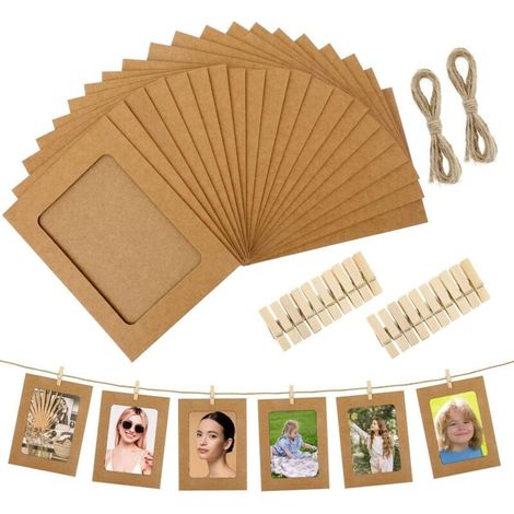 20 DIY Kraft Paper Photo Frames - Hanging Wall Frames with Wooden Clips & Hemp Rope - Minimalist Wall Decor - For Office, Living Room or Restaurant (1/5)
