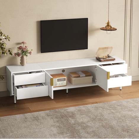 TV Lowboard blanc 180 x 40 x 49,5 cm, 4 tiroirs, portes rainurées, pieds métal (1/5)