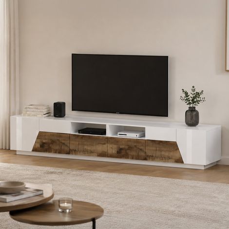 TV-Schrank Gregorio, niedriges Wohnzimmer-Sideboard mit 4 Türen, Fernsehständer-Basis, 100 % Made in Italy, 260 x 43 x 46 cm, glänzendes Weiß und Ahorn, (1/5)