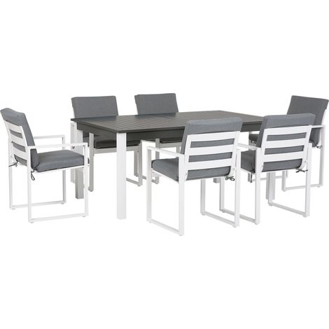 Conjunto de comedor de 7 piezas blanco de aluminio con tablero extensible y 6 sillas con cojines grises Pancole
