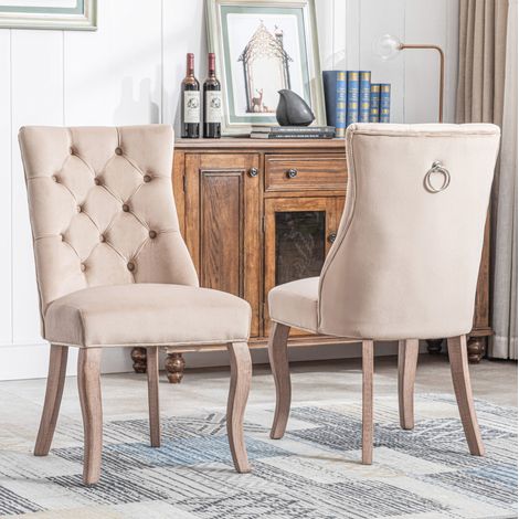 Sedia da pranzo in velluto beige 97 x 51 x 47 cm, schienale alto imbottito, gambe in legno (1/5)