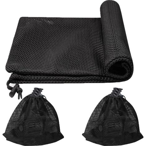 Bolsas de barrera para bombas de 2 piezas, bolsas filtrantes de 30 x 40 cm para bombas de estanque, bolsas filtrantes con cordón, bolsas filtrantes de malla negra para bombas de acuarios y jardines. (1/5)