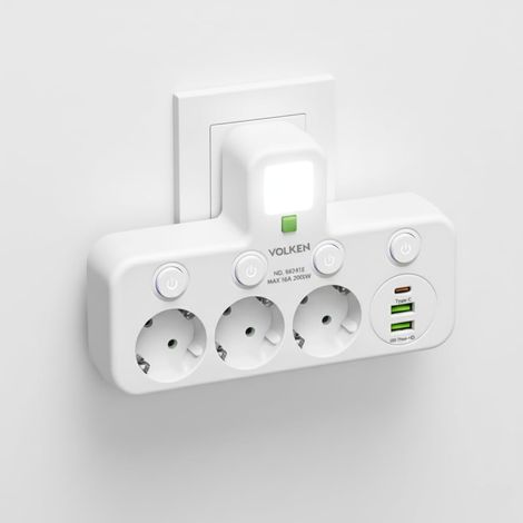 Multiprise Murale 7 en 1 : Bloc 3 Prises françaises + 3 Ports USB (1 USB-C PD20W) + Lampe LED, Multiprise électrique avec Interrupteur, Charge Rapide, Adaptateur Secteur Bureau Maison Voyage (1/5)