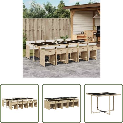 Gartentisch -  11-tlg. Garten-Essgruppe mit Kissen Beige Poly Rattan (1/5)