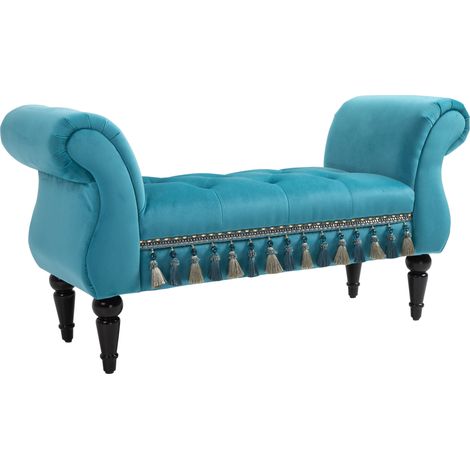 Banco tapizado vintage de poliéster y espuma de caucho azul 117x40x58 cm HOMVRA (1/5)