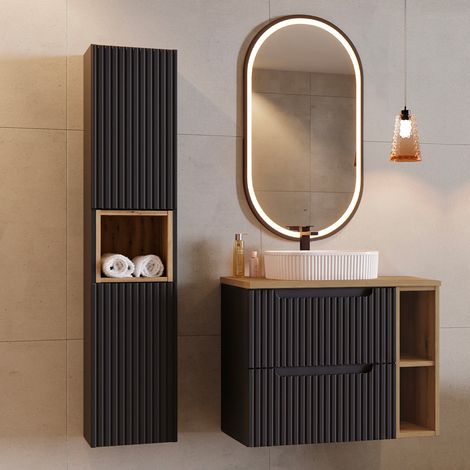 Ensemble meuble simple vasque 80cm 2 tiroirs 2 niches et colonne Riva Noir et Bois (1/5)