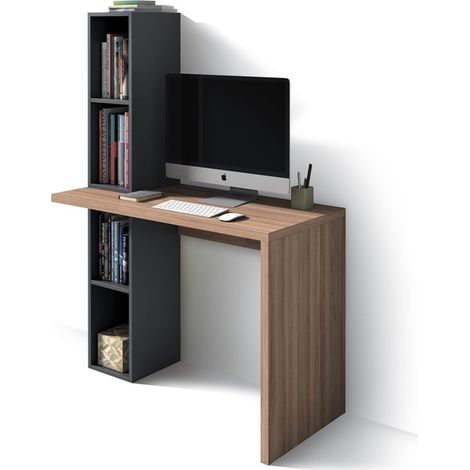 Escritorio modelo 639 de la colección NELLE Nogal y Grafito, encimera en cascada y estantería lateral, de Herdasa