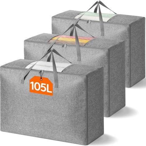 Lot de 3 Sac Rangement, 105L, Lin Polyester, Poignées Renforcées, Fenêtre Transparente, Pour Lit Placard