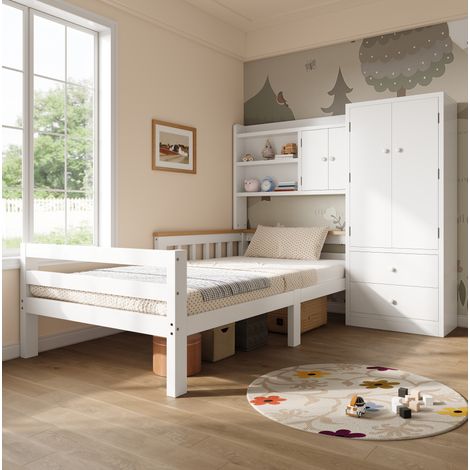 Lit enfant 90 x 200 cm avec armoire, tiroirs et étagères ouvertes, blanc HAVRYA (1/5)