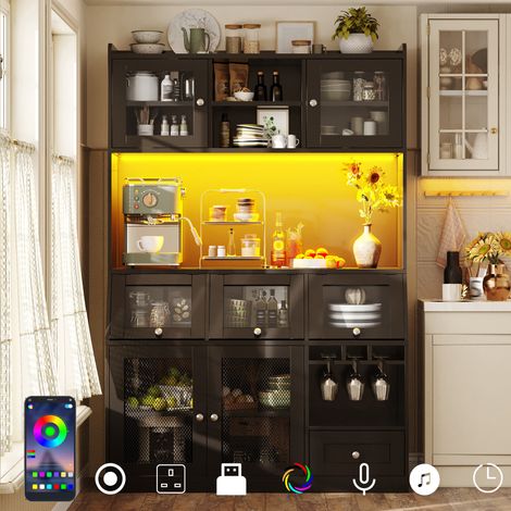 Armadio da cucina 120x40x181.7 cm nero in MDF con LED, USB, ante in vetro e ampio spazio contenitivo (1/5)