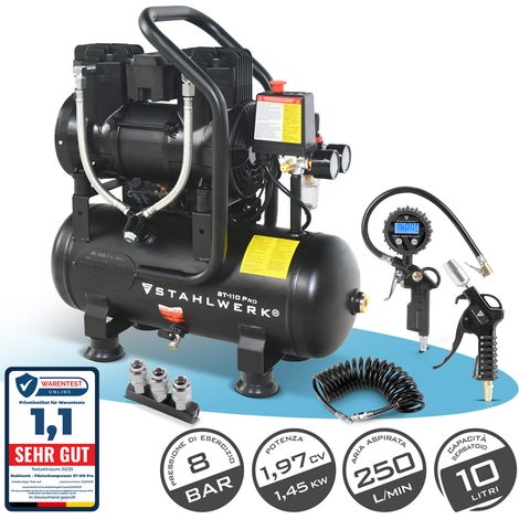 STAHLWERK Compressore con serbatoio da 10 L (ST-110 Pro) - completo di accessori - oil-free e silenzioso, 8 bar, compressore d'aria con motori brushless, 1,97 hp, 1,45 kW, 250 l/min, compressore whisp