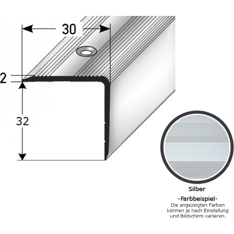 Treppenkante / Treppenprofil "Genua", Winkelprofil mit 30 mm Breite und konfigurierbarer Höhe (22 mm bis 52 mm), Aluminium eloxiert, gebohrt-silber-1000-32 mm