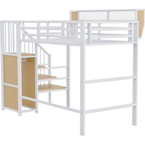 Lit mezzanine 90x200 en métal blanc avec échelle de sécurité et tablette amovible (1/5)