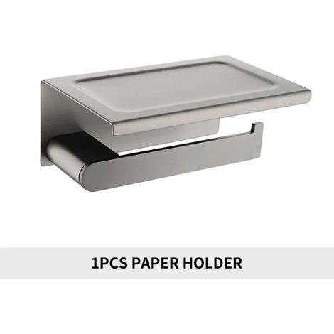 Porte-papier toilette noir mat avec étagère pour téléphone, support mural, accessoire de salle de bain en acier inoxydable brossé doré. (1/5)