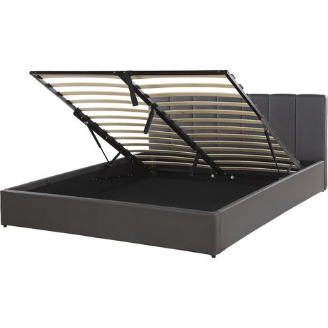 Cama con somier de piel sintética gris oscuro 160 x 200 cm cabecero almacenaje Dreux