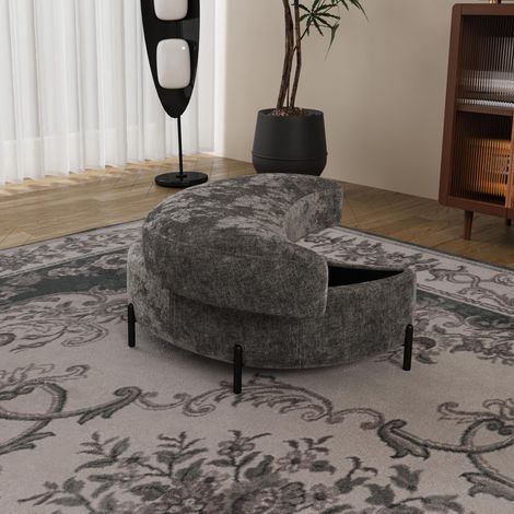 Tabouret de rangement en forme de croissant recouvert de chenille avec plateau, servant de table d'appoint, de siège rembourré, de tabouret à chaussures et de repose-pieds pour le salon, l'entrée et l (1/5)