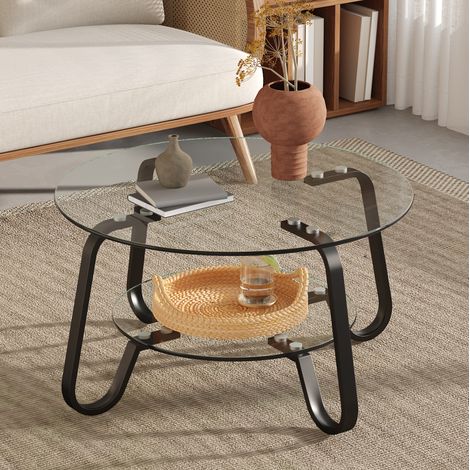 Table basse ronde noire en métal et verre sécurit à deux niveaux (1/5)