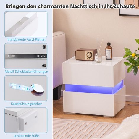 Led nachttisch mit 2 schubladen fernbedienung dynamisch 45 x 35 x 45 cm wei