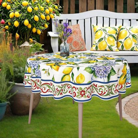 Nappe ronde multicolore à motif citron, 1 pièce, sur le thème du solstice d'été, résistante aux taches, idéale pour les repas décontractés. (1/4)