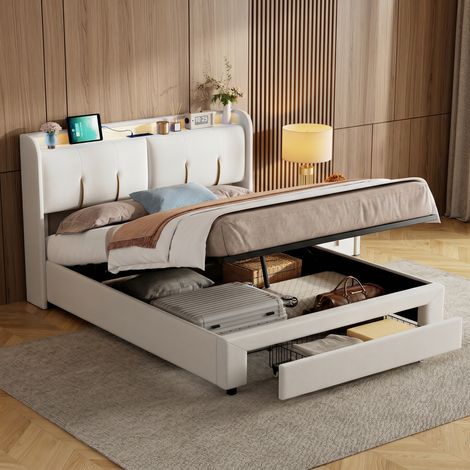 BLANKETSWARM - lit adulte 160 x 200 cm avec 1 tiroir – lit double rembourré 160 x 200 avec ports USB et éclairage LED – Sommier à lattes en bois – Velours, Beige (1/3)