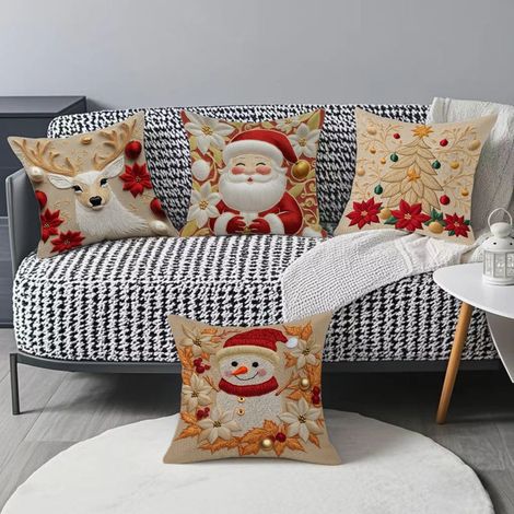 Lot de 4 housses de coussin de Noël, 45 x 45 cm, motif bonhomme de neige, motif vieil homme, taies d'oreiller décoratives pour Noël (1/5)