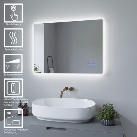 LED Lichtspiegel Badezimmerspiegel mit Beleuchtung Bad Spiegel 80x60 cm 2 Lichtfarbe Touch Beschlagfrei Dimmbar Wandspiegel abgerundete Ecken (1/5)