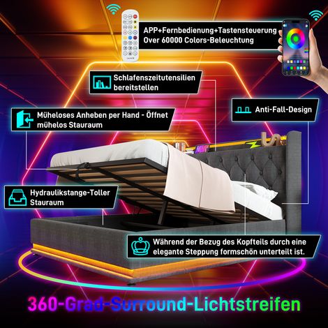 Lit parapluie 180x200 cm gris, sommier hydraulique avec tête de lit rembourrée, fonction LED télécommandée via appli, port USB type C, sans matelas. (1/5)