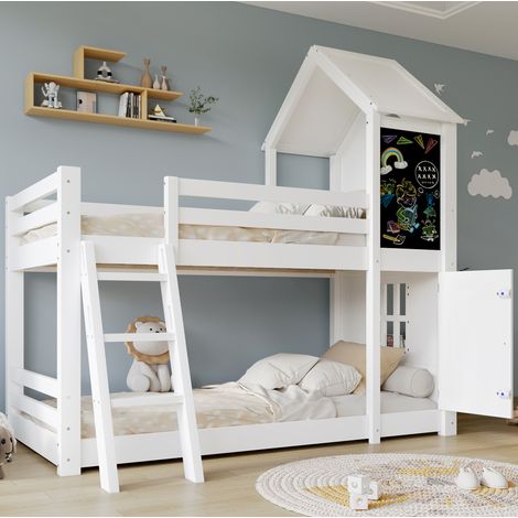 Lit superposé lit cabane enfant 90 x 200 cm – Structure en bois – Barrière de sécurité – échelle inclinée – blanc (1/4)