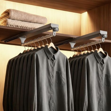 2 Pièces Tringle Penderie Extensible 30 cm avec Poignée Ronde, Barre Télescopique 25 kg, Coulissante et Gain de Place pour Armoire, Dressing, Placard ou Penderie, Noir (1/5)