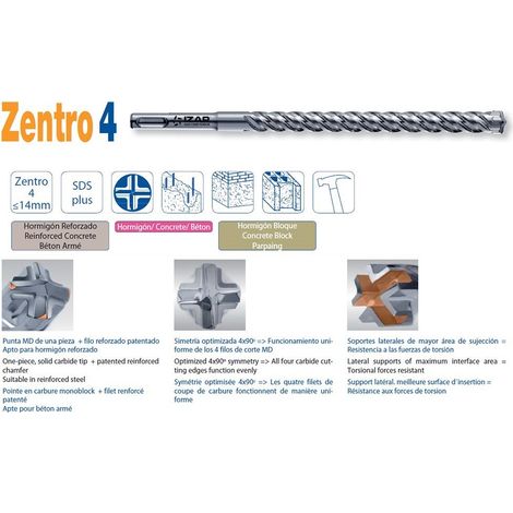 Foret Beton Arme SDS+ IZAR Zentro4 - 4 Pointes Carbure Autocentrant - D.5×160mm - Perforateur Beton Parpaing