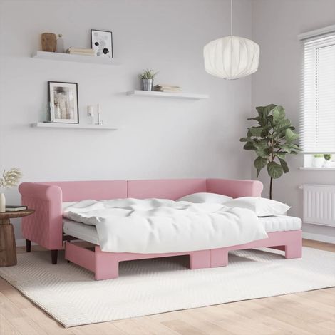 Sofá cama nido con colchón terciopelo rosa 80x200 cm (1/5)