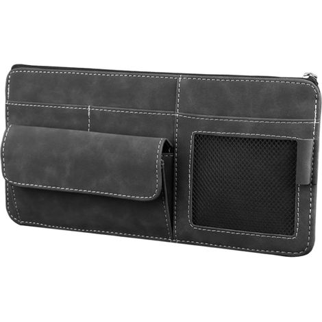 Organizador genérico para visera con múltiples bolsillos, bolsa de cuero para visera de coche, almacenamiento interior para gafas de sol, tarjetas y documentos. (1/5)