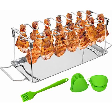 Support de Cuisse de Poulet Barbecue Pliable en Acier Inoxydable avec Espace pour 14 Cuisses ou Ailes de Poulet au Four ou au Gril, avec Bac d'égouttement, Gants, Brosse en Silicone (1/5)