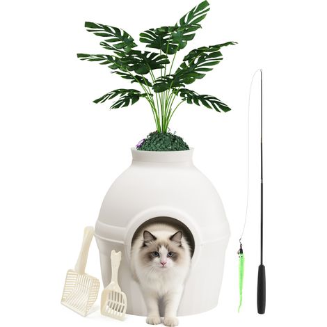 Bac à Litière caché pour chat avec plante artificielle, Maison de Chat 2 en 1 avec filtre à charbon, 2 pelles et une canne à pêche télescopique inclus, 52x52x58,5cm, Blanc, Mondeer