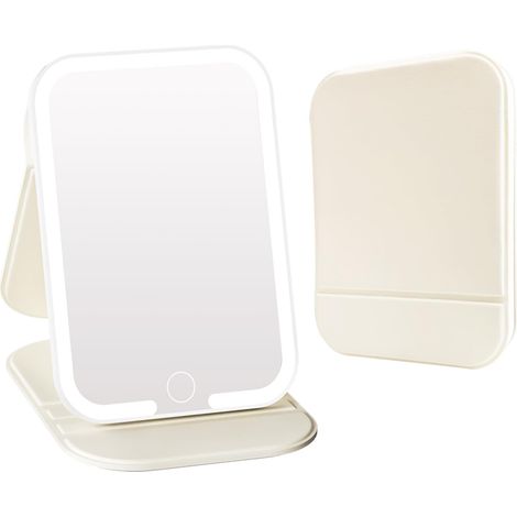 Miroir de voyage rechargeable avec éclairage 3 couleurs - Miroir de maquillage LED - Intensité réglable par simple pression - Miroir de courtoisie portable - Accessoire de voyage pour femme - Beige (1/5)