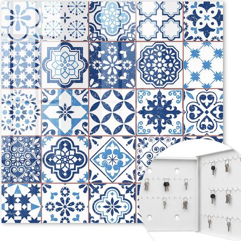 Armoire à clés - (30 cm x 30 cm) - Boîte à clés murale - Coffret de rangement pour clés - Couleur blanche - Ouverture vers la droite - Pour maison et bureau - Carreaux bleus