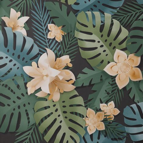 Dimensions Wallpaper Fine Décor Floral 3D Effect Black Green Teal Flower (1/3)