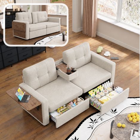 Canapé-lit 2 places en tissu beige, avec tables pour ordinateur réglables, 2 tiroirs de rangement, porte-gobelets intégrés et assise confortable, 178 x 71 x 57,5 cm – CHICFURN (1/5)