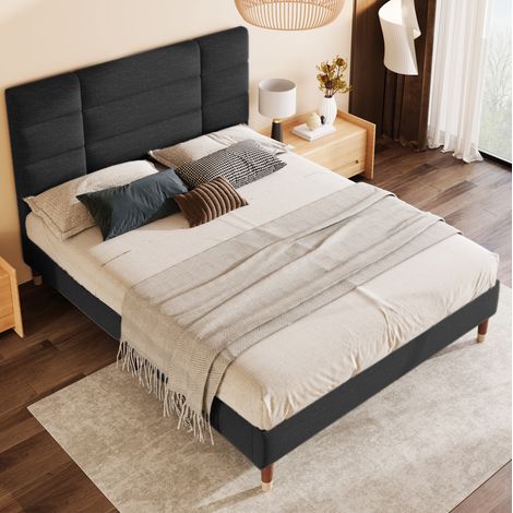 Cama tapizada de lino negro 140x200 cm con cabecero y somier de láminas (1/5)